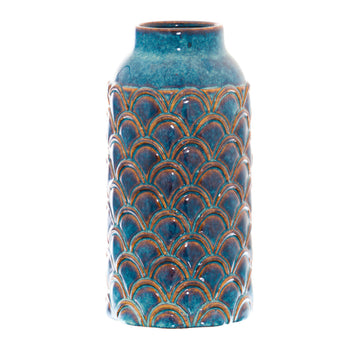 Handcrafted indigo ceramic vase with scalloped detailing, modern artisan home decor piece. by Sostter at brixbailey.com