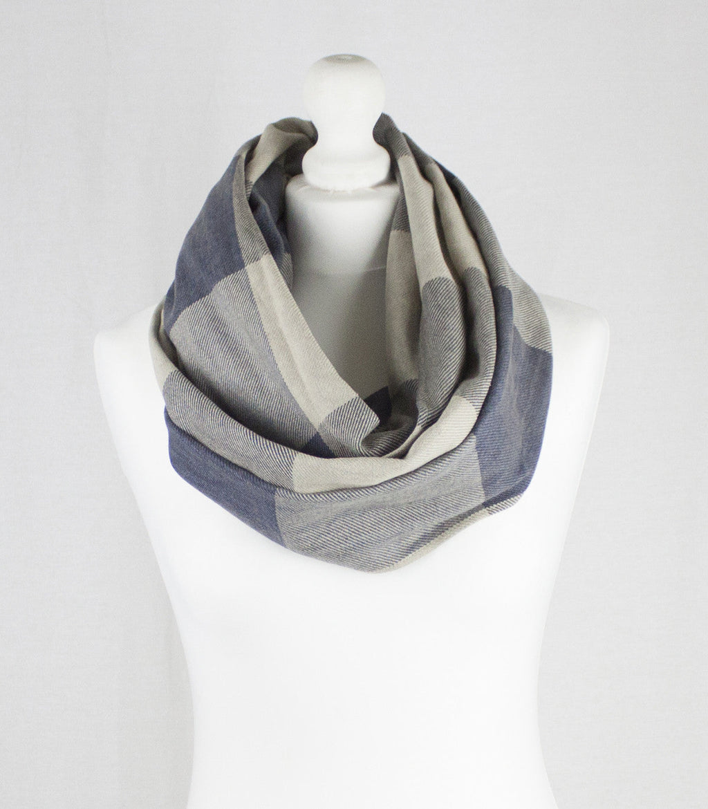Box Checks Twill Weave Cotton Scarf - Grey Beige
