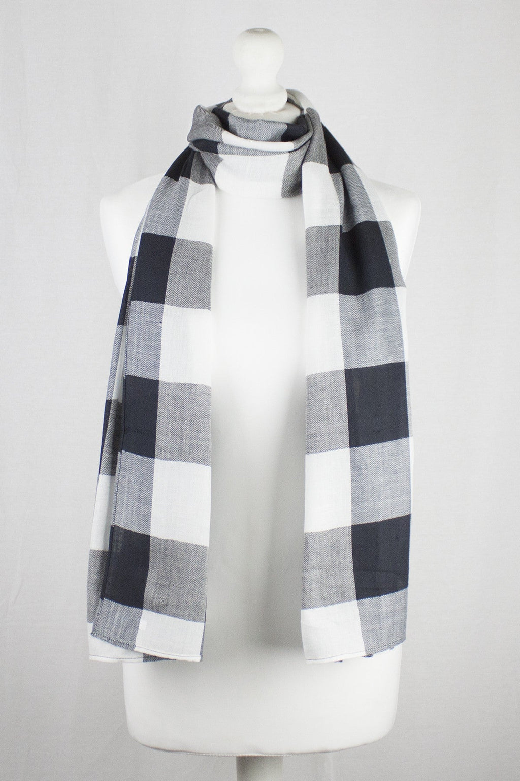 Tartan Checks Chevron Weave Cotton Viscose Scarf - Black White