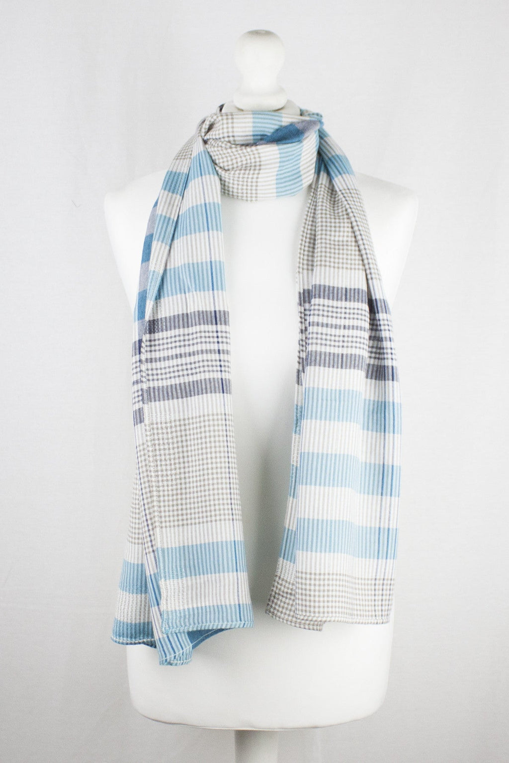 Checks and Stripes Textured Weave Viscose Scarf - Blue Navy Beige