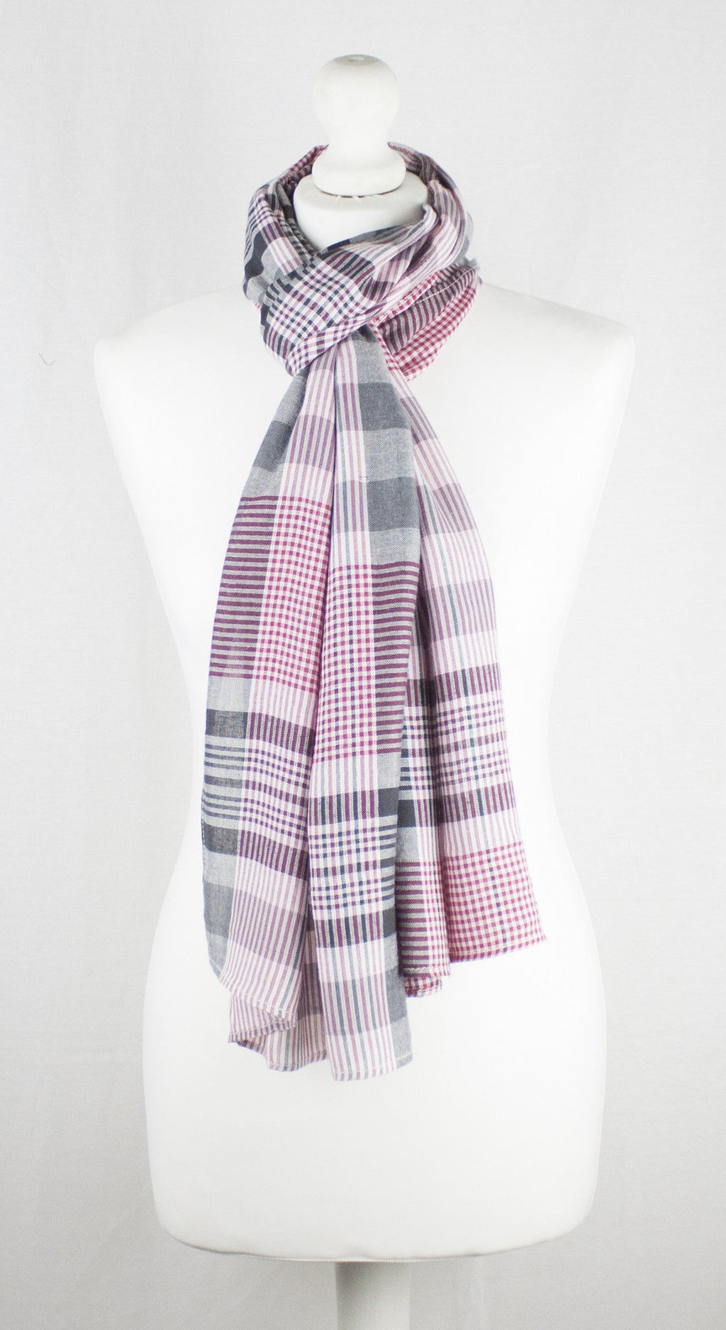 Checks and Stripes Textured Weave Viscose Scarf - Pink Black Off-White