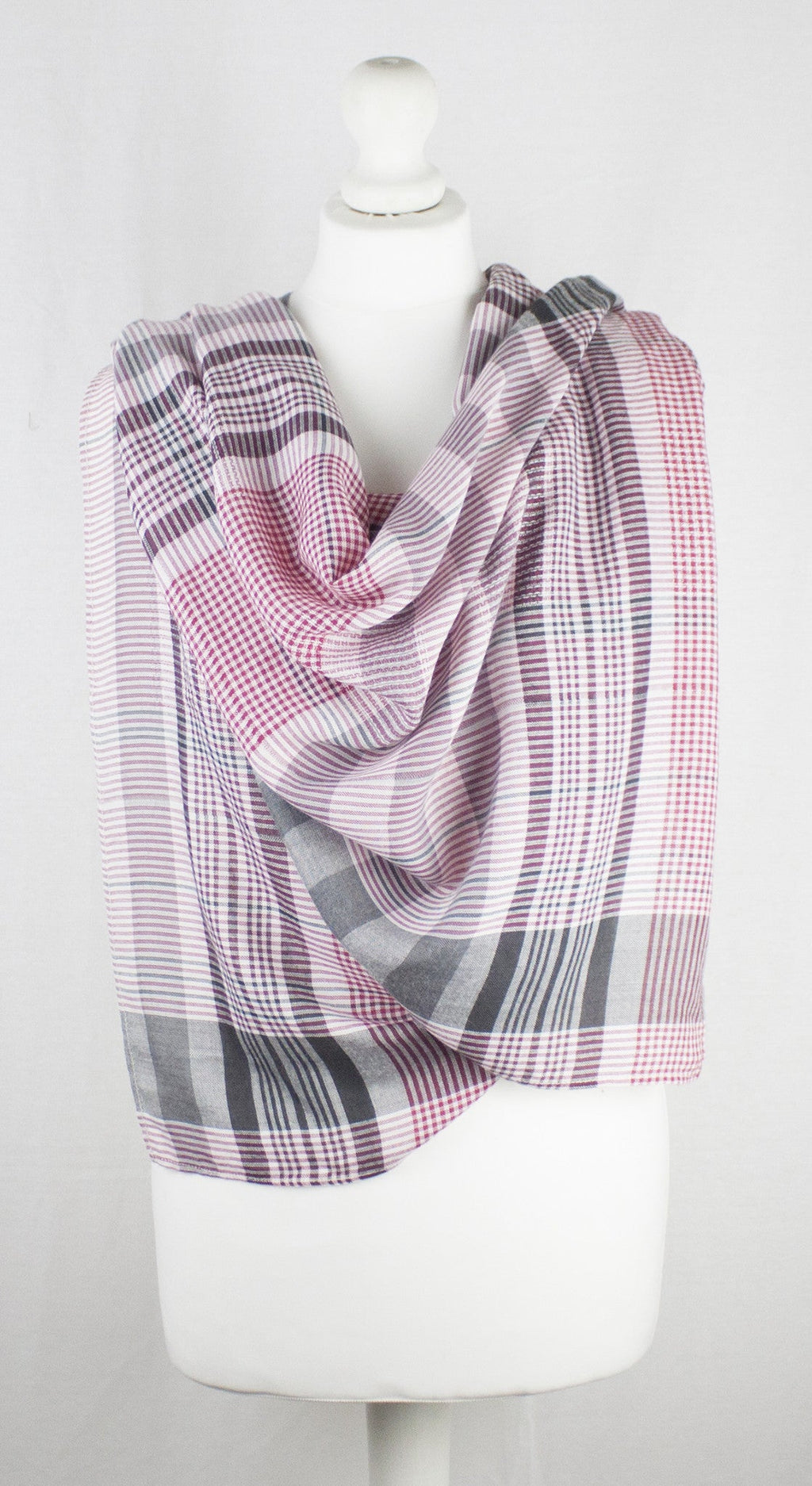 Checks and Stripes Textured Weave Viscose Scarf - Pink Black Off-White
