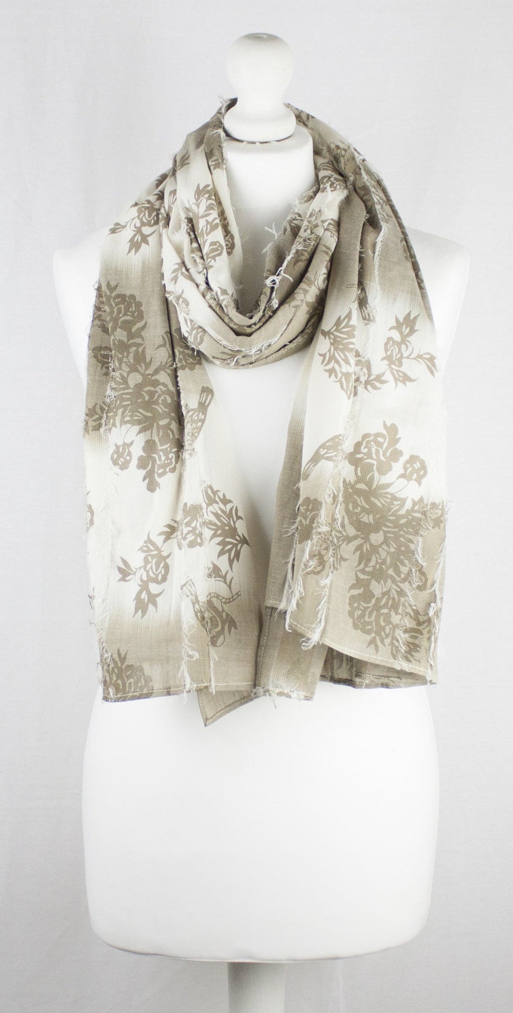 Frayed Stripes Printed Cotton Scarf -  Off- White Beige