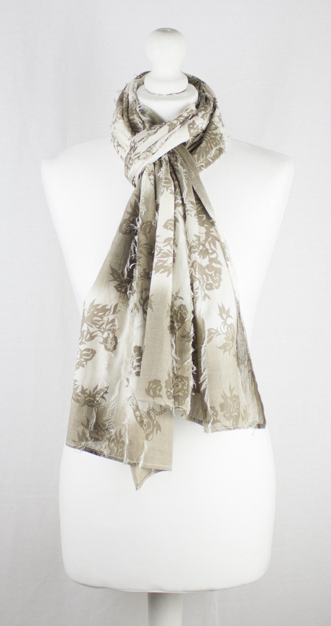 Frayed Stripes Printed Cotton Scarf -  Off- White Beige