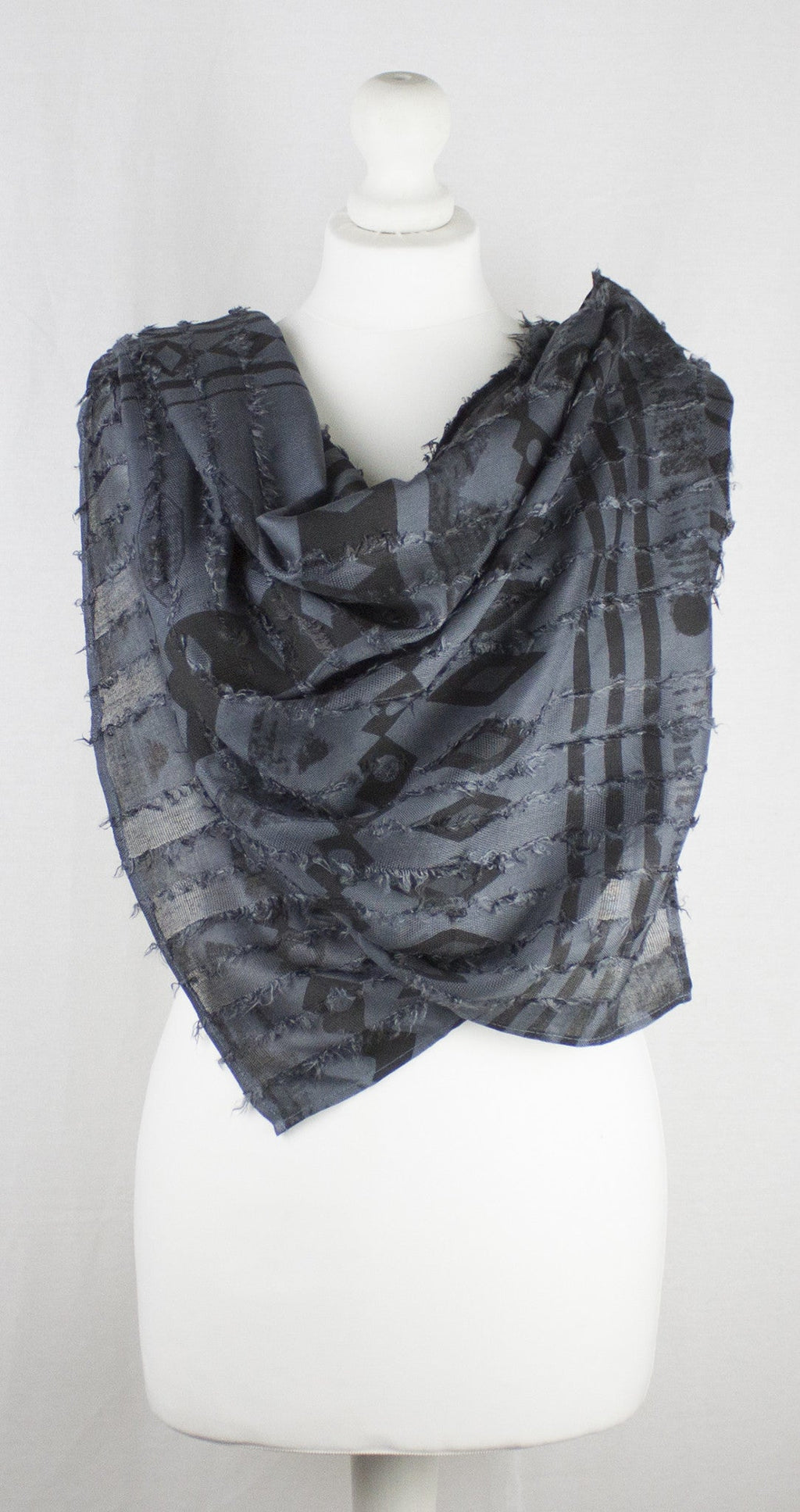 Frayed Stripes Block Printed Viscose Scarf - Grey Black
