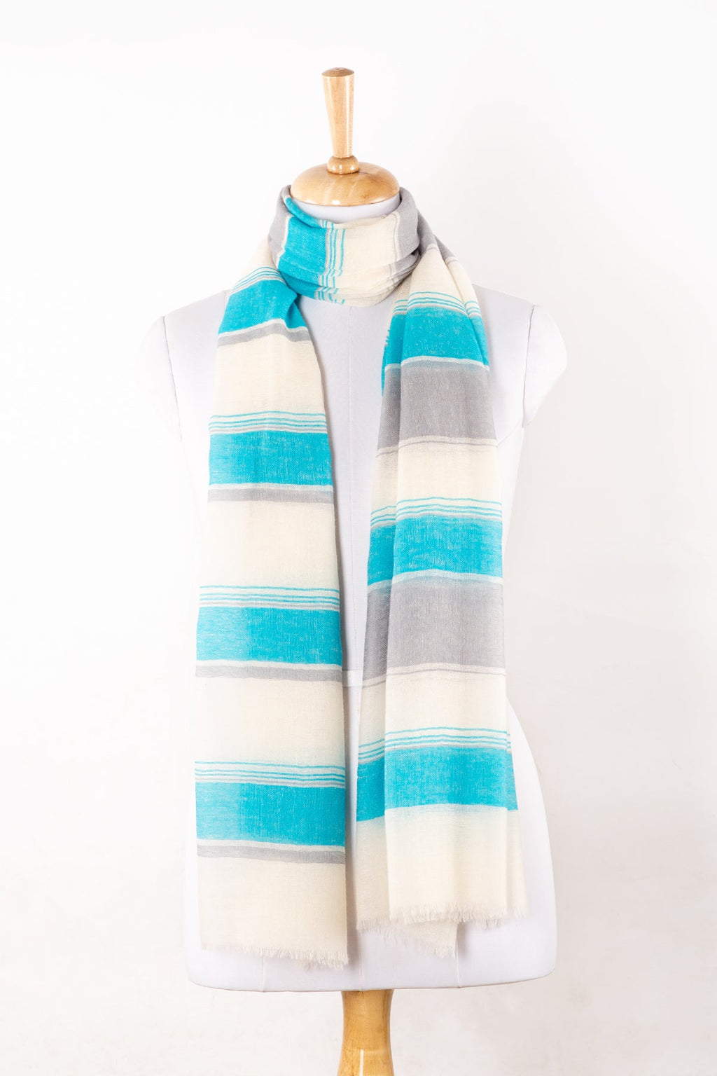 Wide Stripes Merino Wool Scarf - Turquoise White