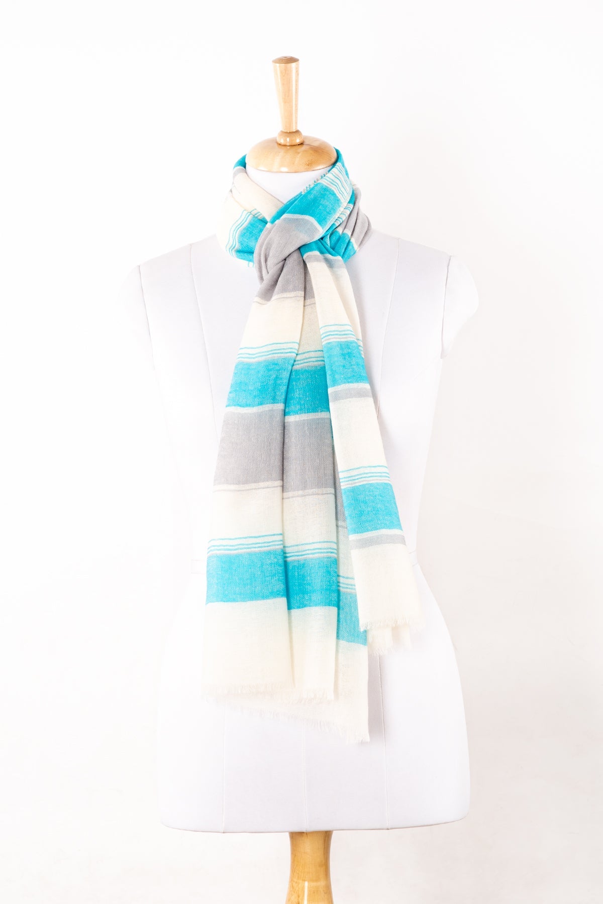 Wide Stripes Merino Wool Scarf - Turquoise White