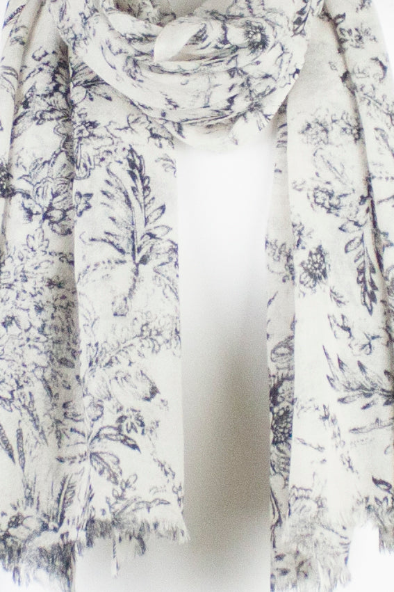 Sketchy Floral Print Merino Wool Scarf - Off White