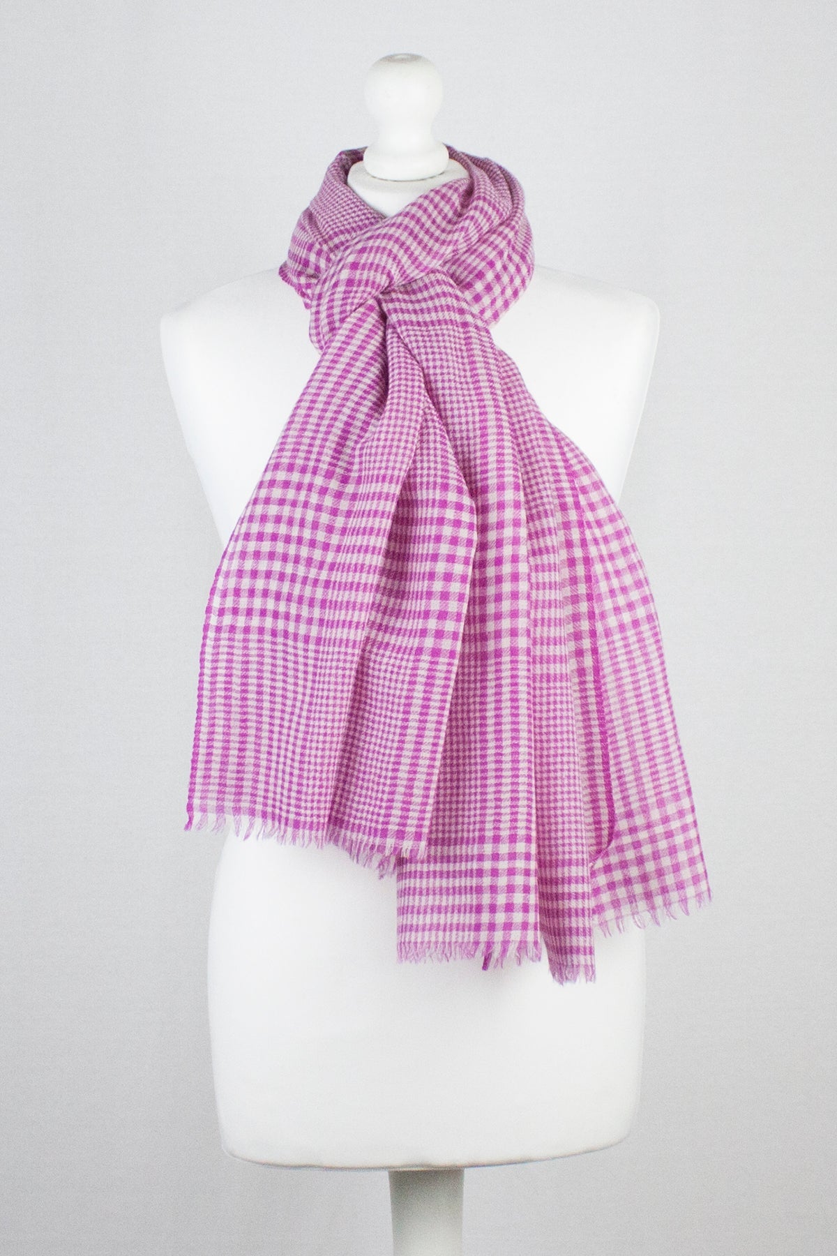 Gingham Mix Merino Wool Scarf - Fuschia