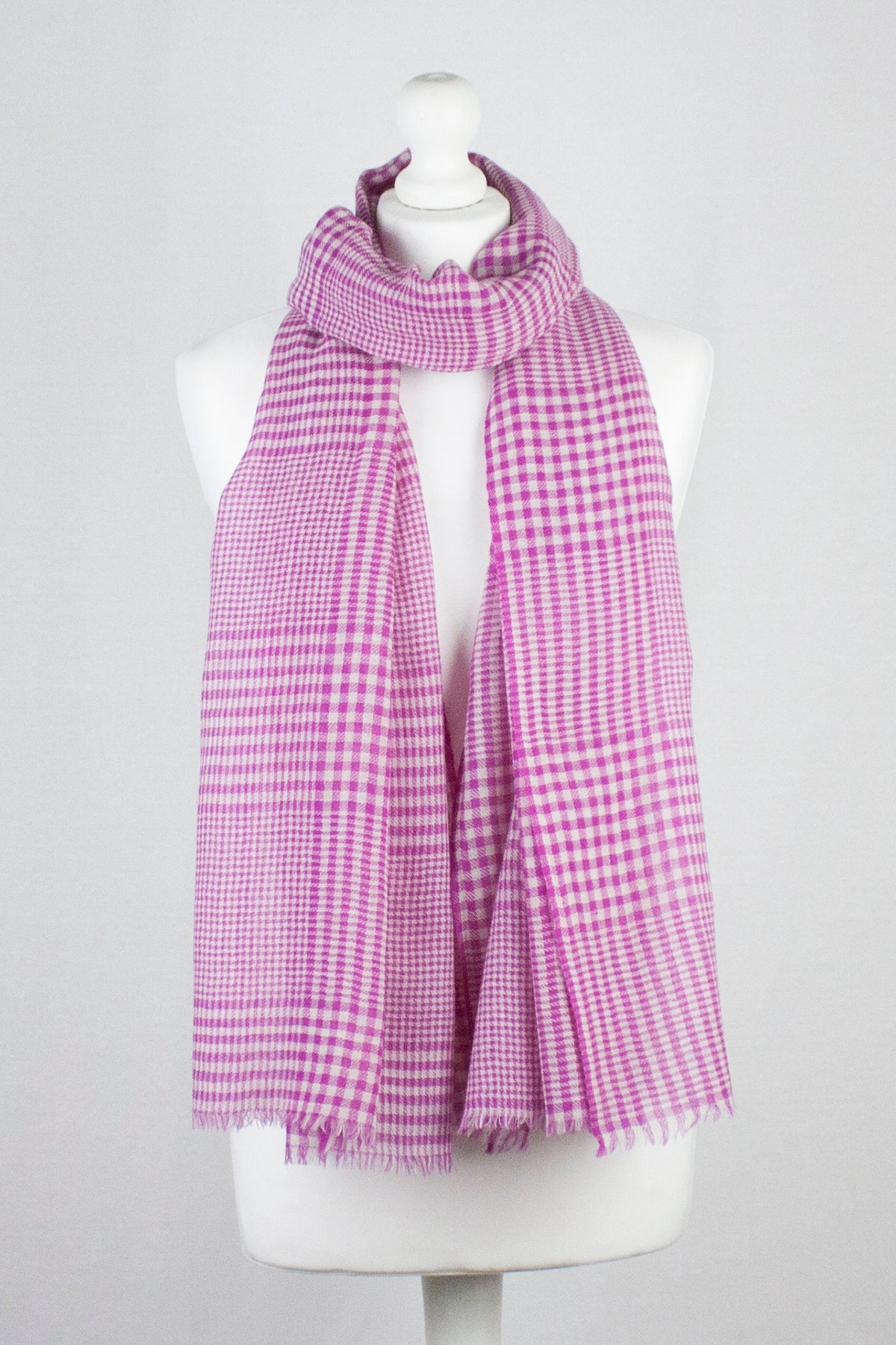 Gingham Mix Merino Wool Scarf - Fuschia