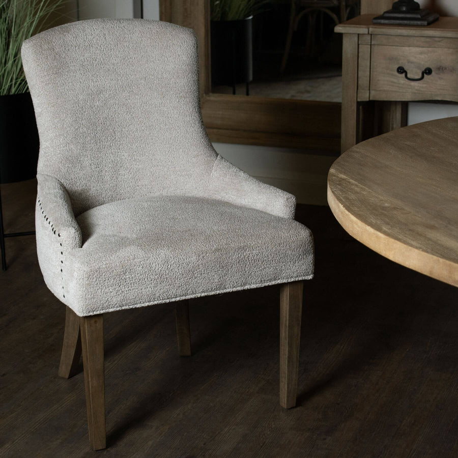 Brockham taupe dining chair with woven fabric upholstery and rubberwood frame, neutral modern design by Sostter at brixbailey.com