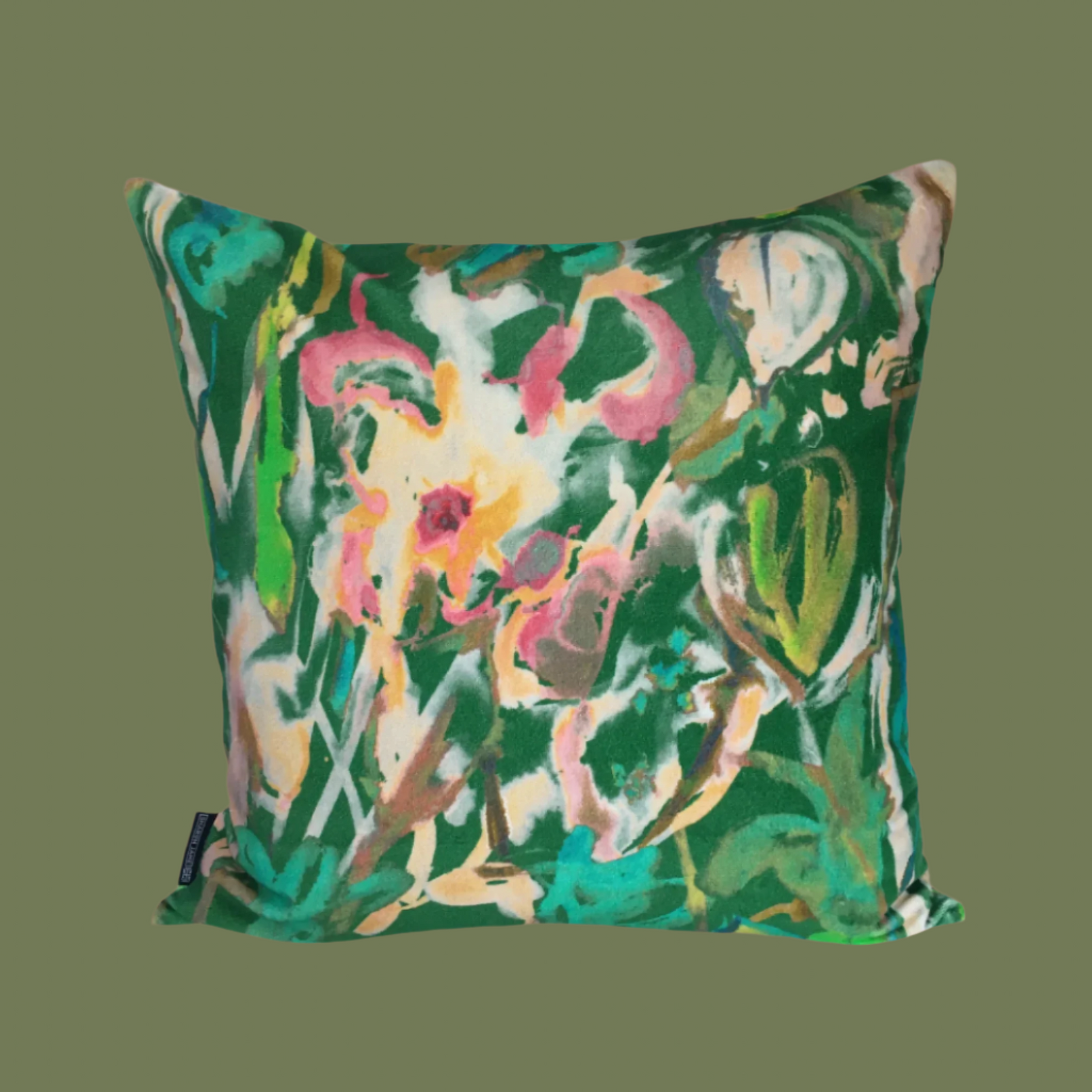 Watercolour Floral Velvet Cushion - Emerald