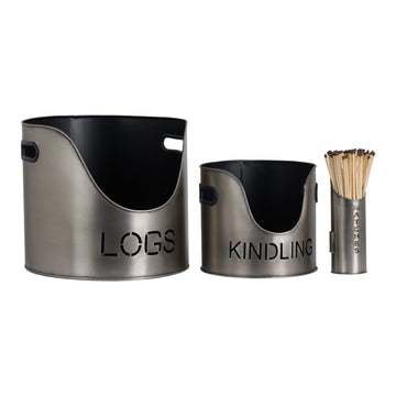 Handcrafted aged pewter fireplace log and matchstick set with rustic charm and integrated holder. by Sostter at brixbailey.com