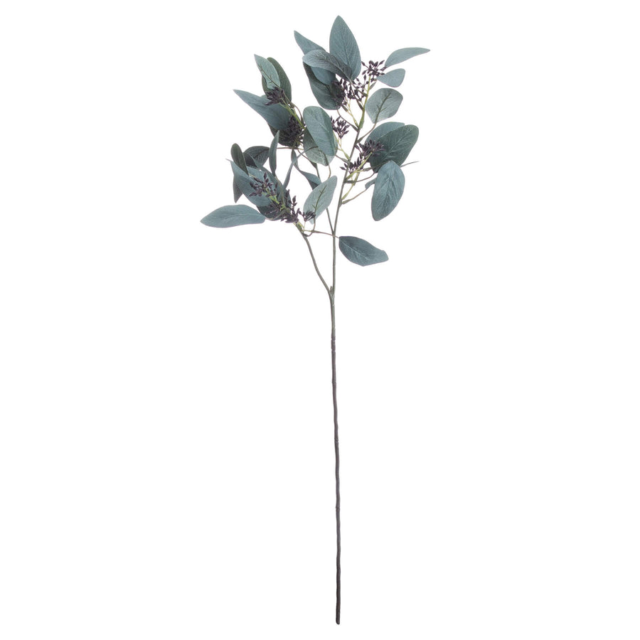 Artificial seeded eucalyptus stem with silvery-green leaves and feathery pods, 85 cm tall for home decor arrangements by Sostter at brixbailey.com