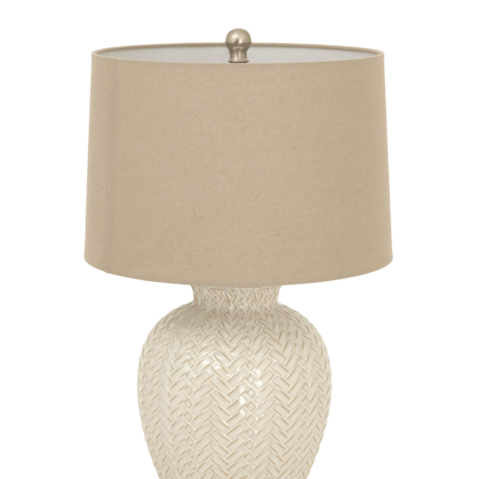 Handcrafted white ceramic table lamp with twill weave texture and linen shade for warm ambient lighting by Sostter at brixbailey.com