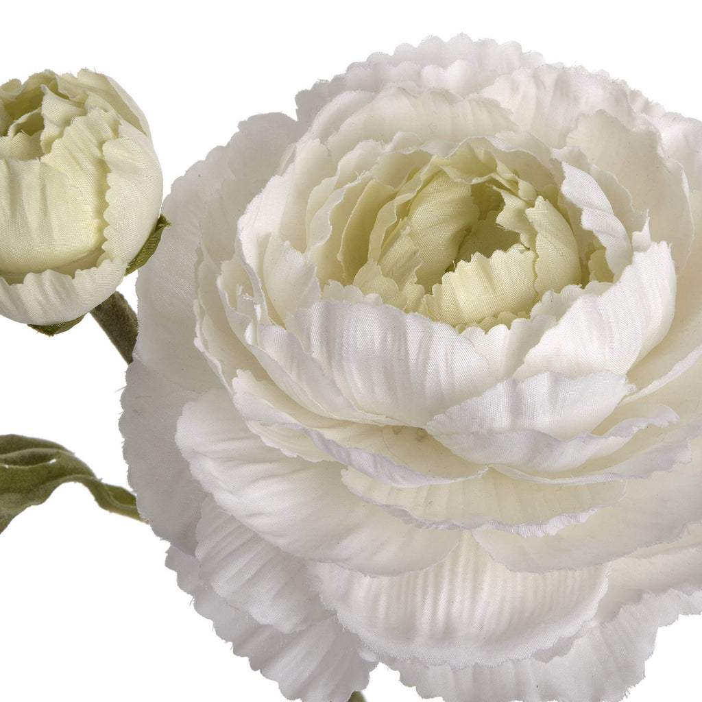 White artificial ranunculus spray with lifelike petals, 68cm long, perfect for home decor or floral arrangements. by Sostter at brixbailey.com