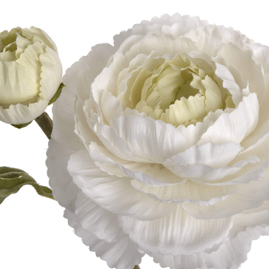 White artificial ranunculus spray with lifelike petals, 68cm long, perfect for home decor or floral arrangements. by Sostter at brixbailey.com