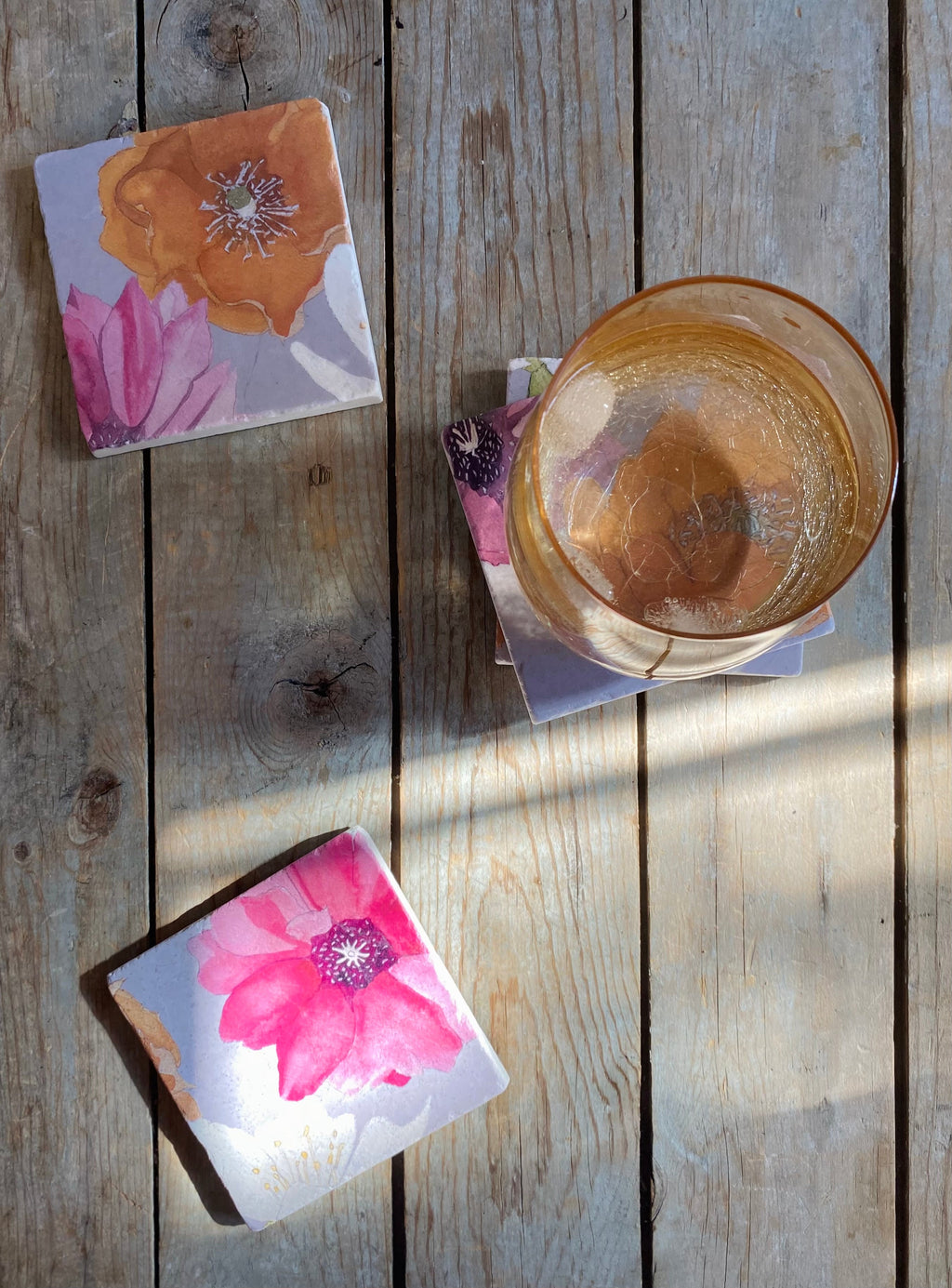 Cactus Flowers Grey Marble Coaster Set of Four