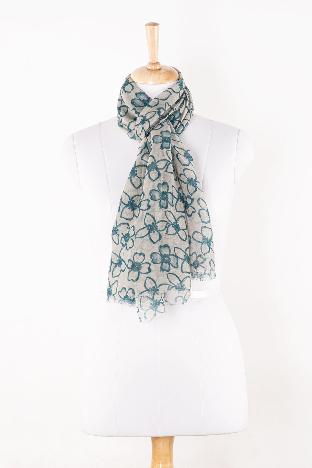 Flower Print Linen Cotton Scarf - Blue