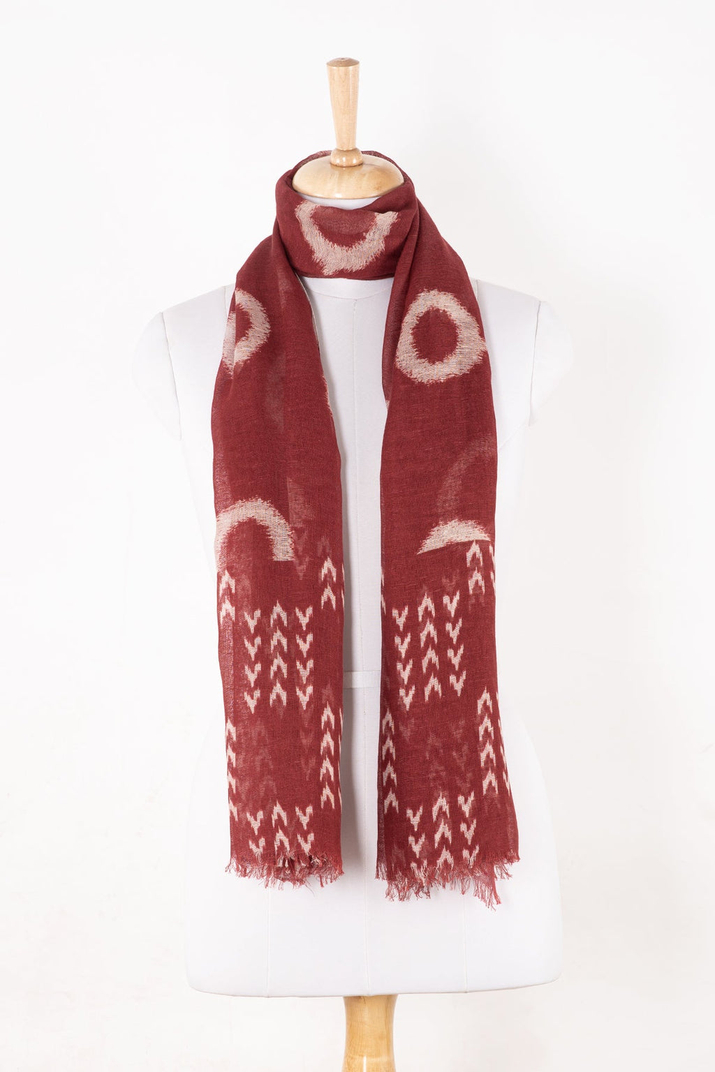Circle and Chevron Square Print Linen Cotton Scarf - Terracotta