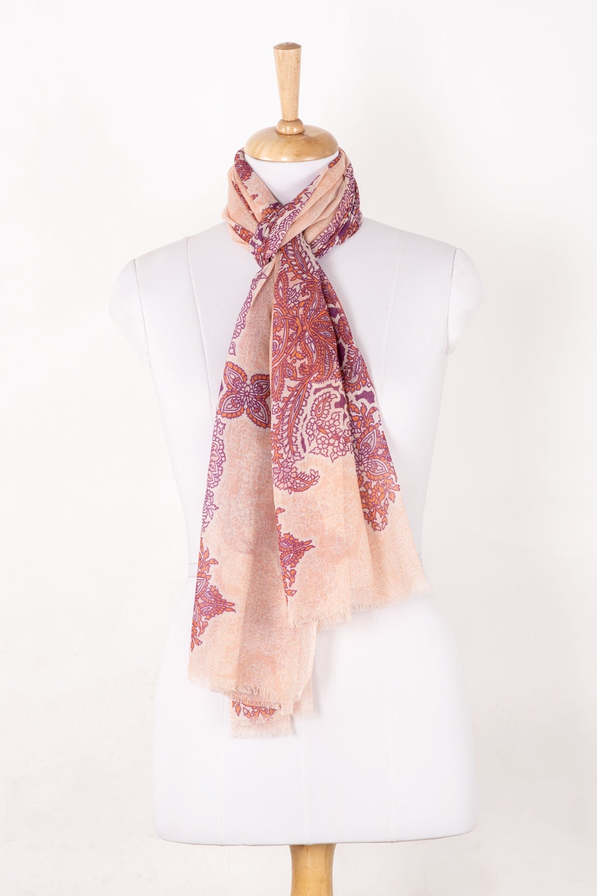 Intricate Traditional Motif Cotton Modal Scarf - Peach Orange Purple