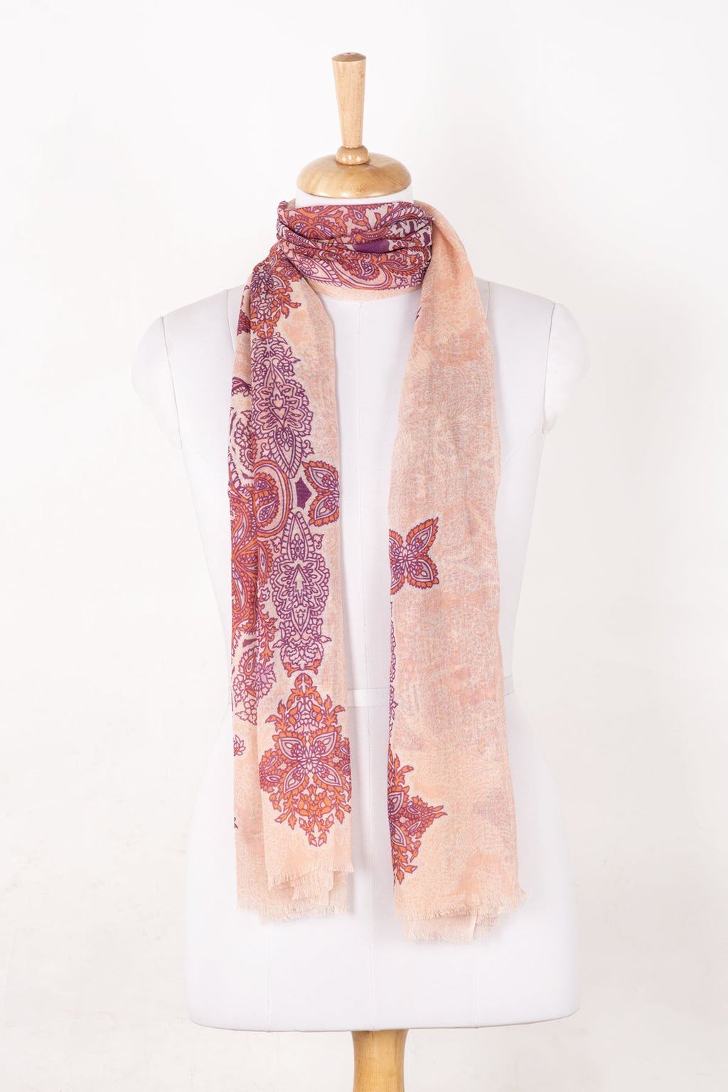 Intricate Traditional Motif Cotton Modal Scarf - Peach Orange Purple