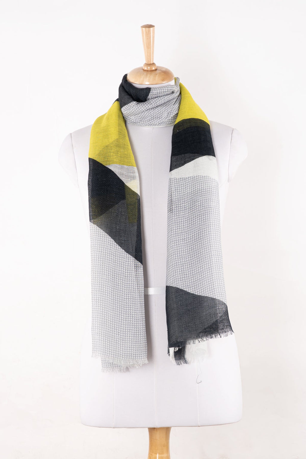 Abstract Geometry Print Linen Cotton Scarf - Grey Black Lime