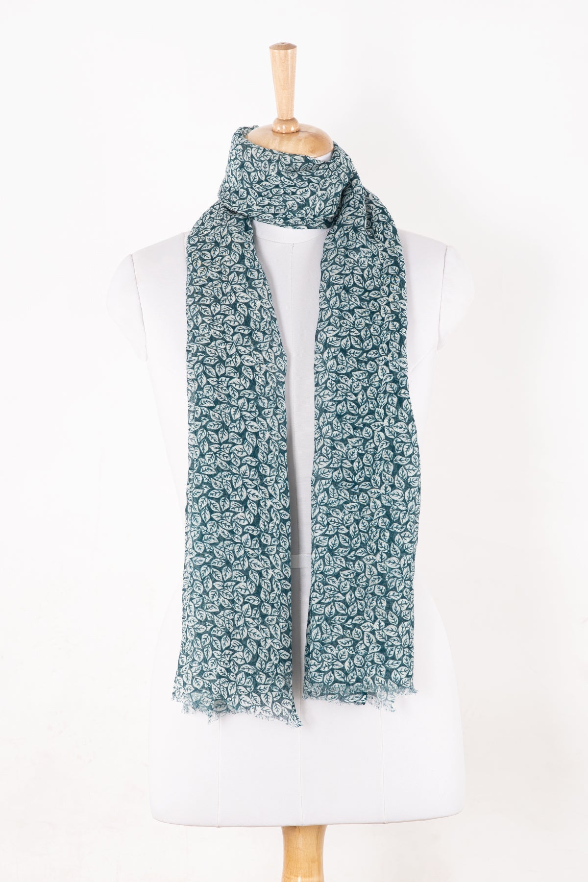 Leaf Print Linen Cotton Scarf - Teal