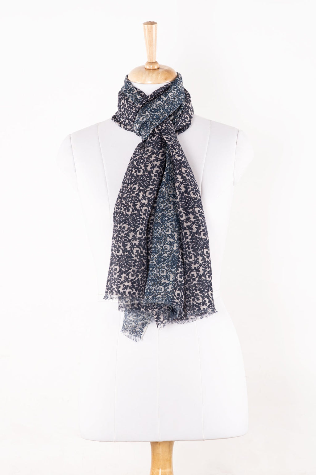 Floral Tile Print Linen Cotton Scarf - Navy Cement