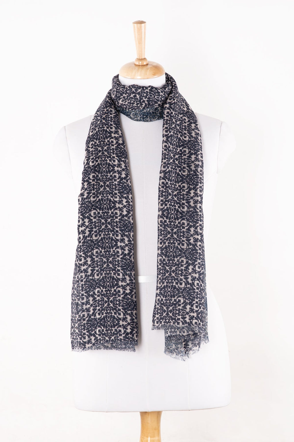 Floral Tile Print Linen Cotton Scarf - Navy Cement