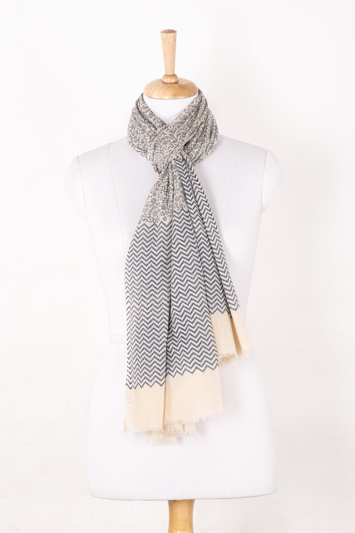 Floral and Chevron Print Cotton Scarf - Dark Night Ecru