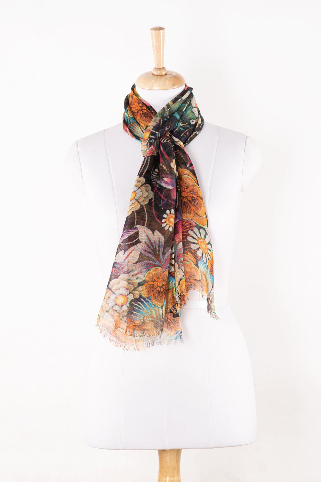 Floral Bouquet Print Linen Cotton Scarf - Multicoloured