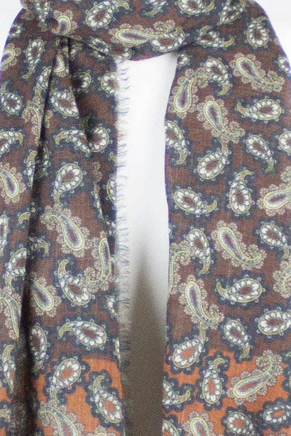 All Over Paisley Print Merino Wool Scarf - Brown Navy