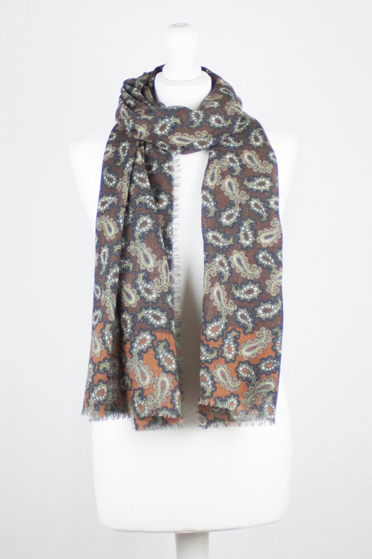 All Over Paisley Print Merino Wool Scarf - Brown Navy