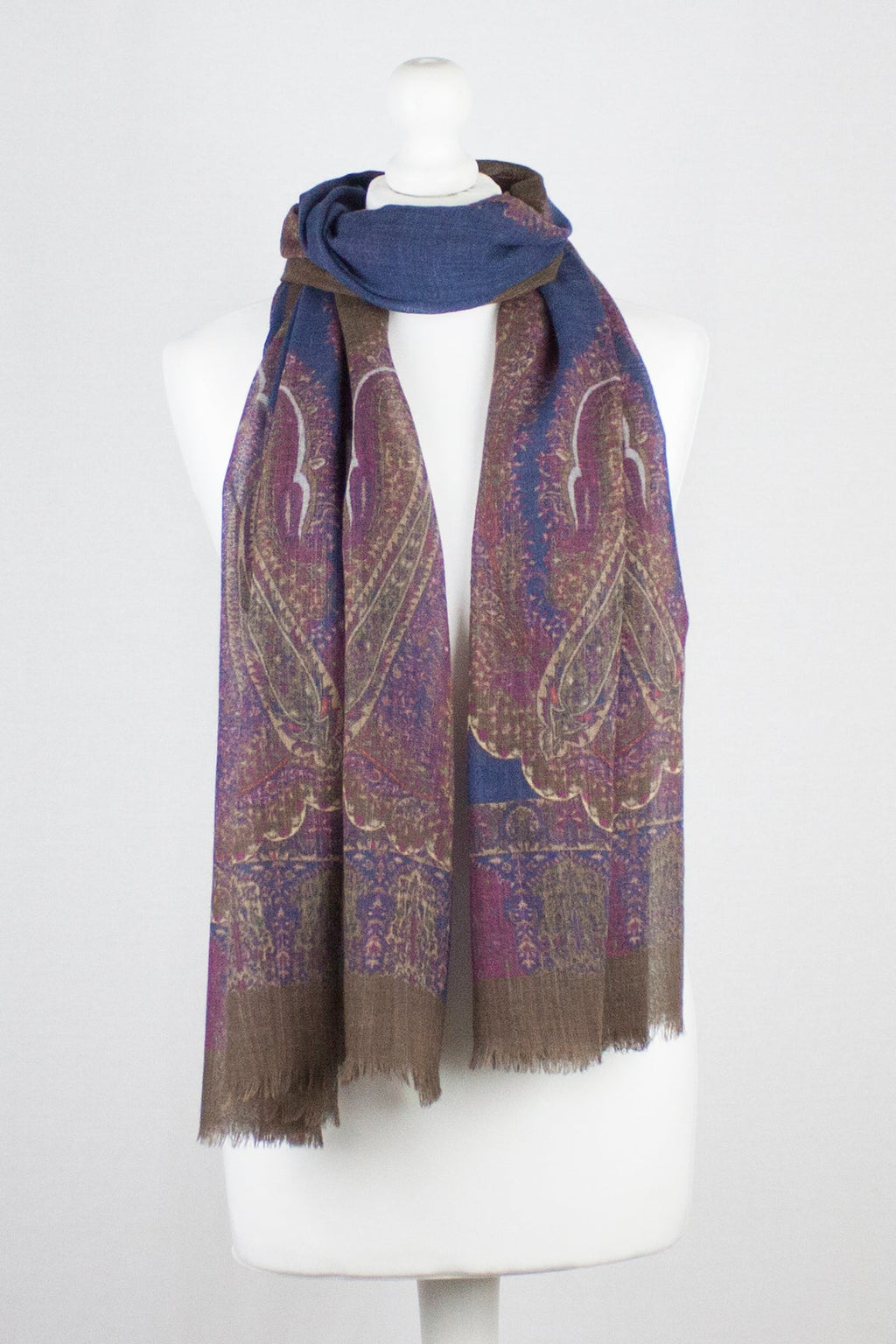 Persian Paisley Print Merino Wool Scarf - Navy Magenta Brown