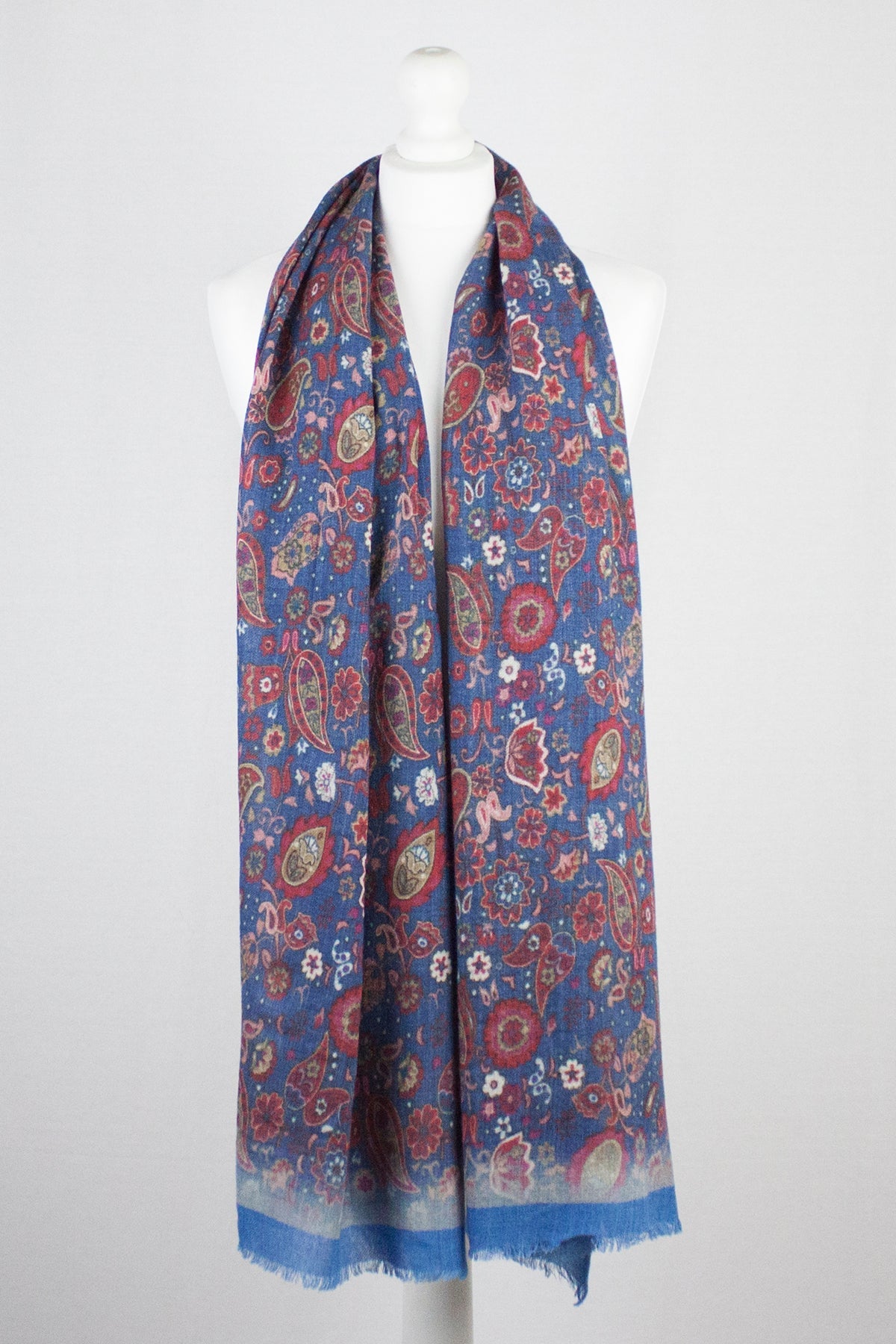 Paisley and Flower Spread Print Merino Wool Scarf - Blue Multi
