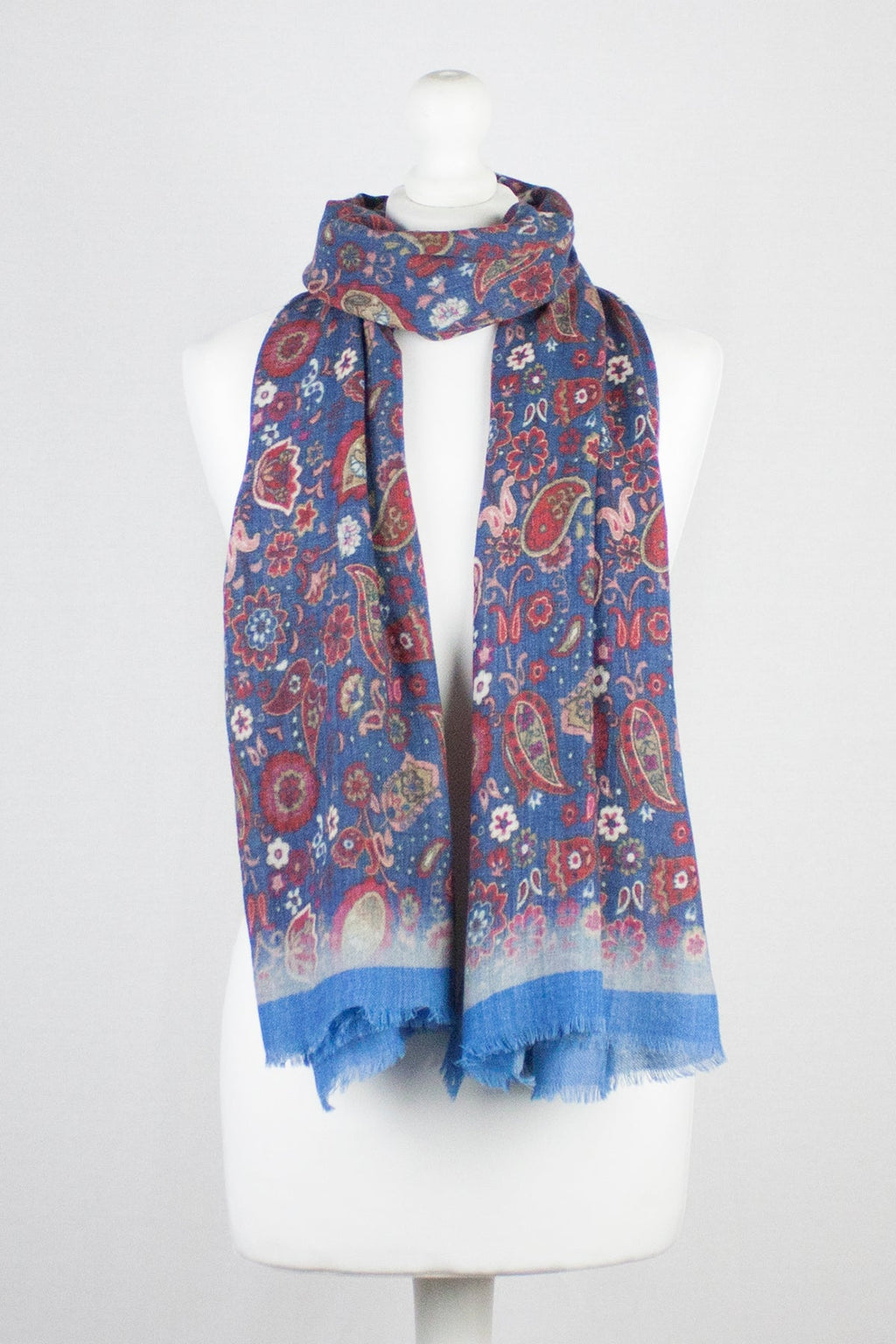 Paisley and Flower Spread Print Merino Wool Scarf - Blue Multi