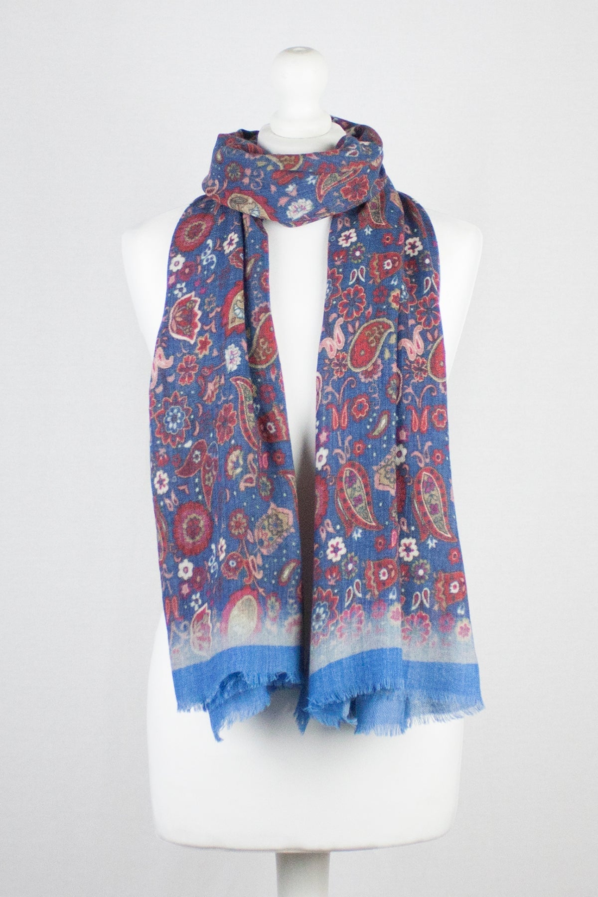 Paisley and Flower Spread Print Merino Wool Scarf - Blue Multi