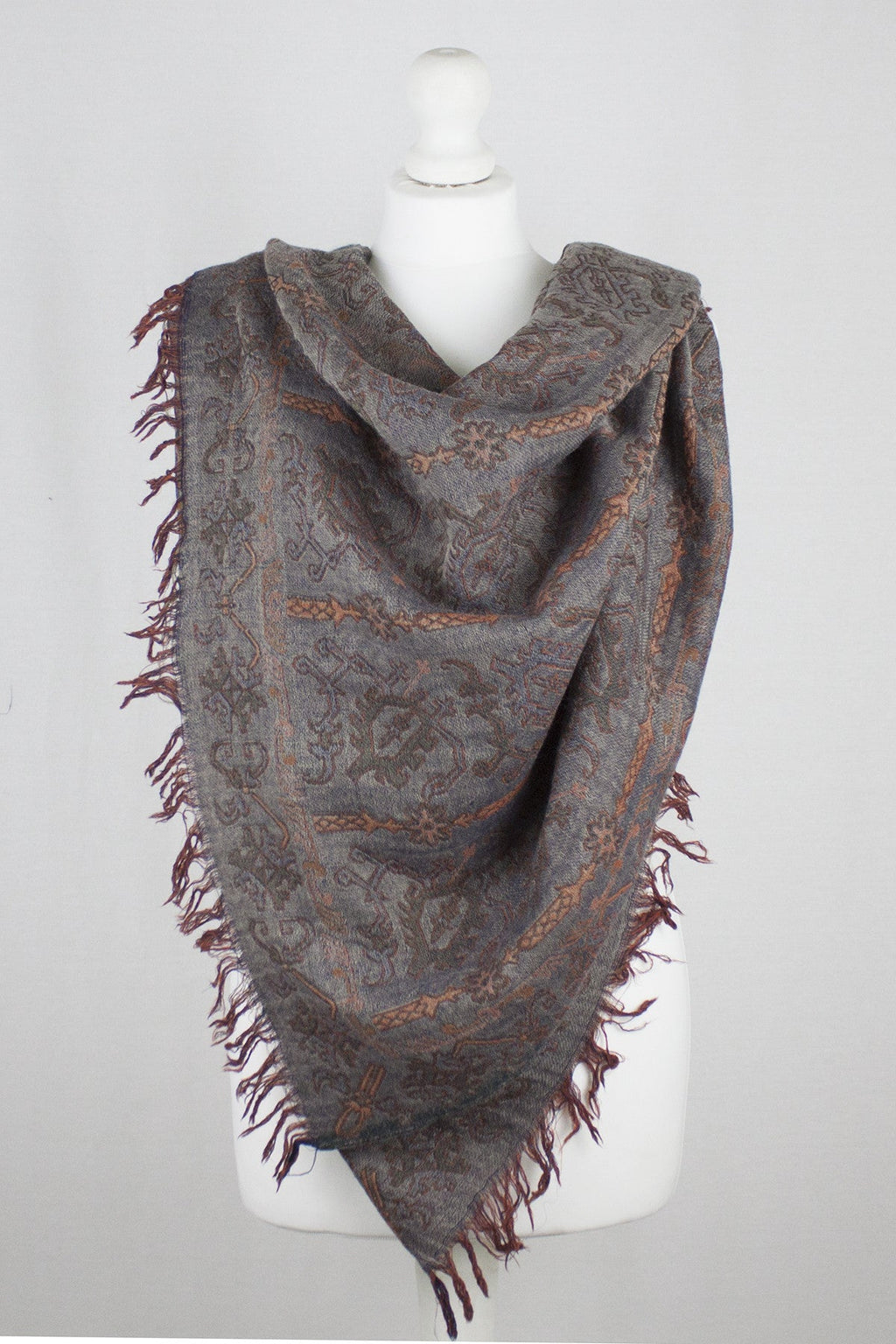 Jamdani Motif Jacquard Merino Wool Scarf - Grey Orange
