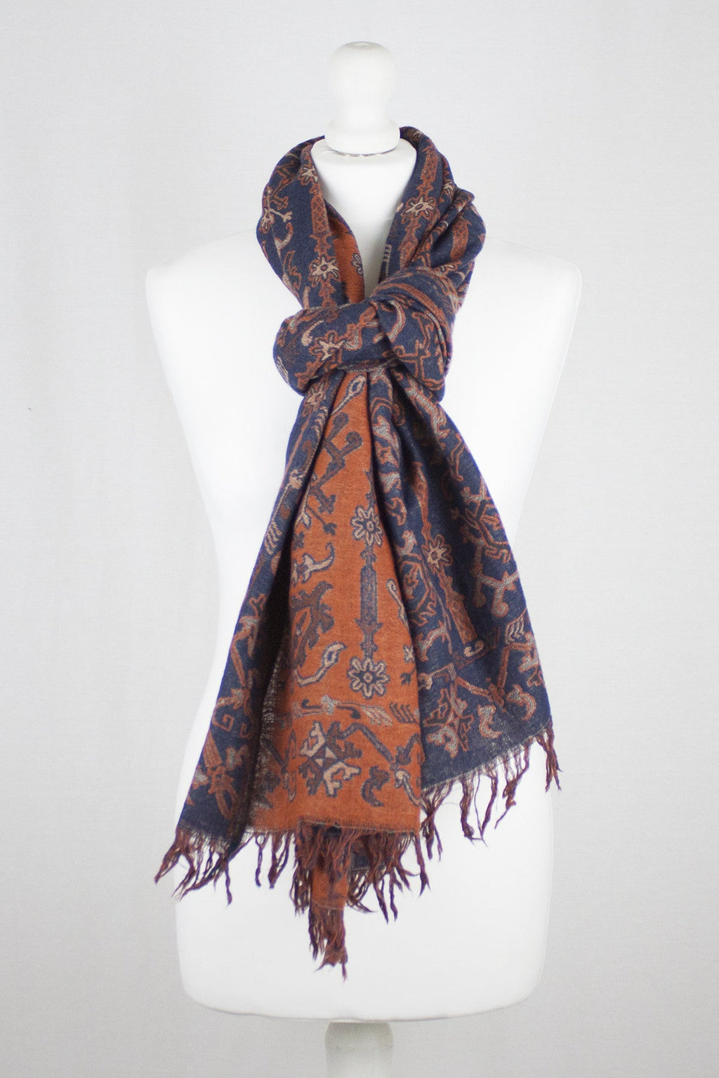 Jamdani Motif Jacquard Merino Wool Scarf - Navy Orange