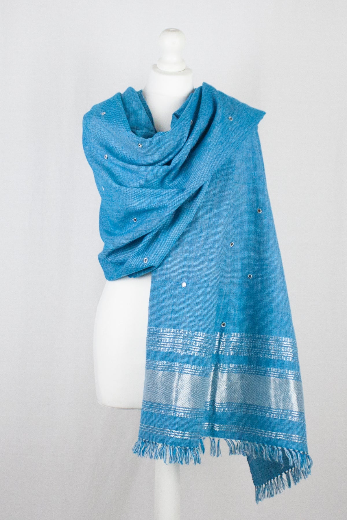 Mirror Work Lurex Border Wool Shawl - Turquoise