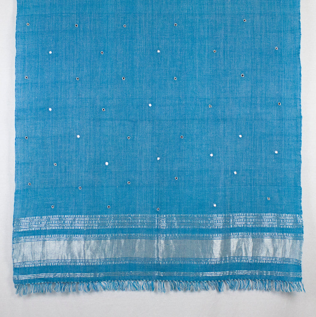 Mirror Work Lurex Border Wool Shawl - Turquoise