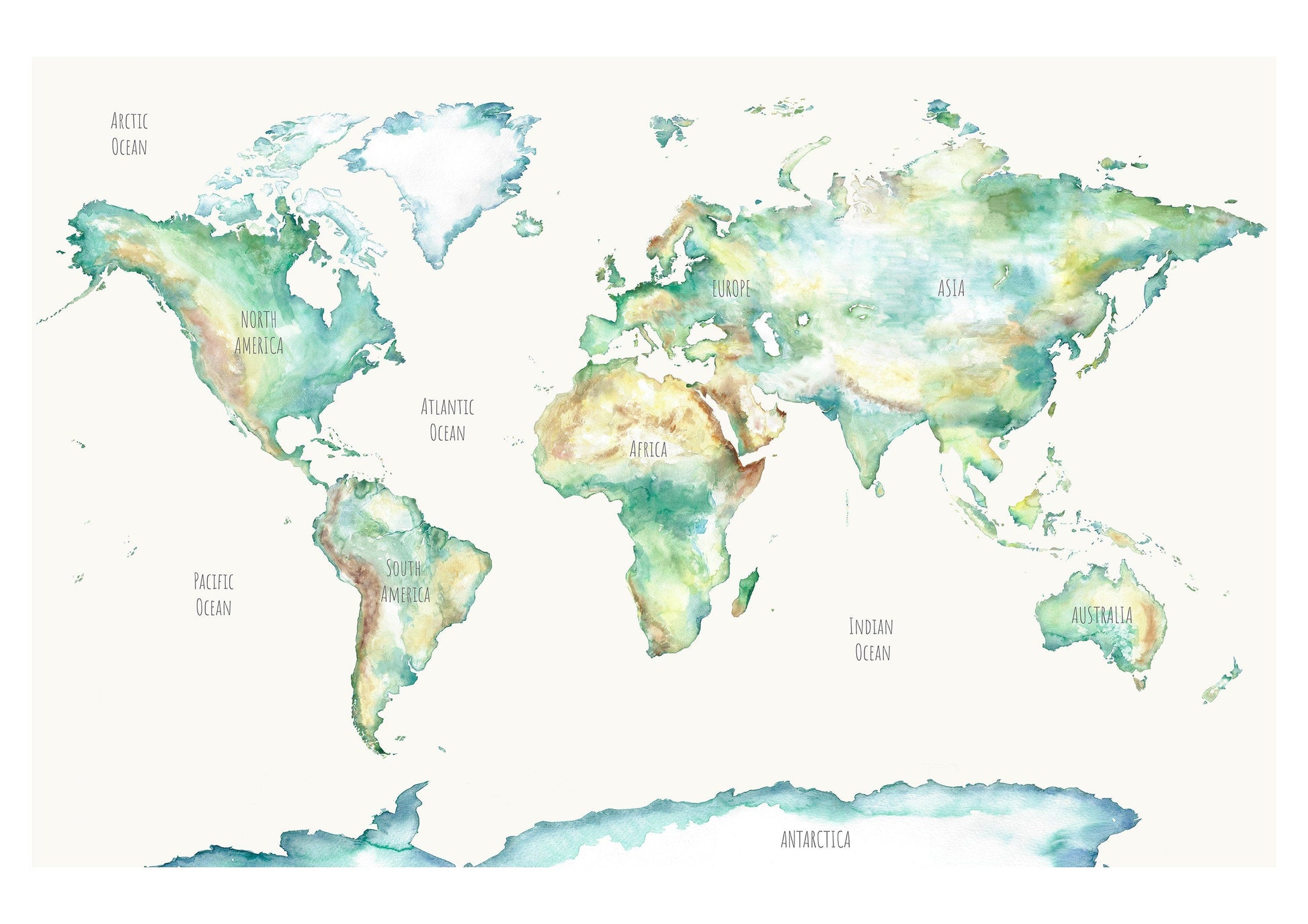 Hand-painted wildlife world map print for children