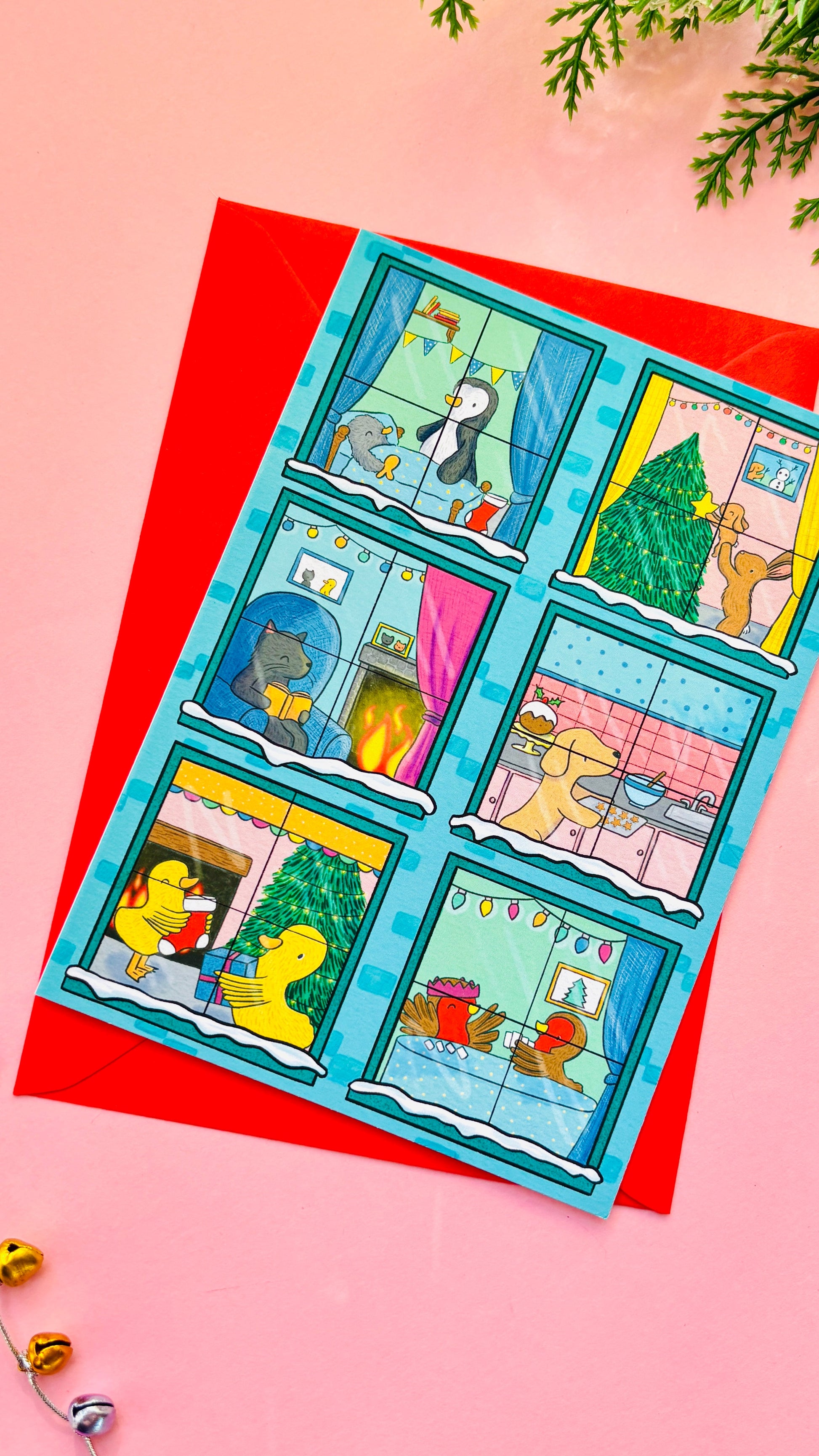 Illustrated animals Christmas scene A6 greetings card