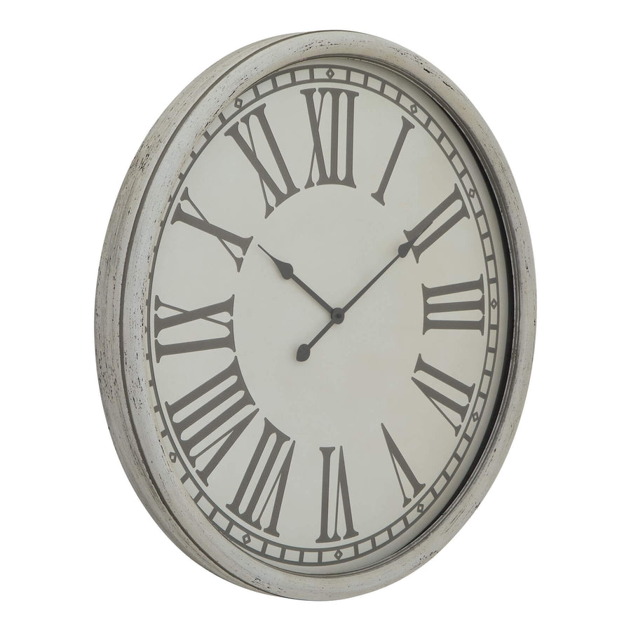 White embossed wall clock with glass accents, handcrafted wood frame, contemporary rustic design, 80cm diameter. by Sostter at brixbailey.com