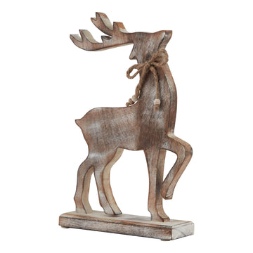 Handcrafted white-washed wooden reindeer decor with Scandinavian design, geometric silhouette, and rustic distressed finish. by Sostter at brixbailey.com