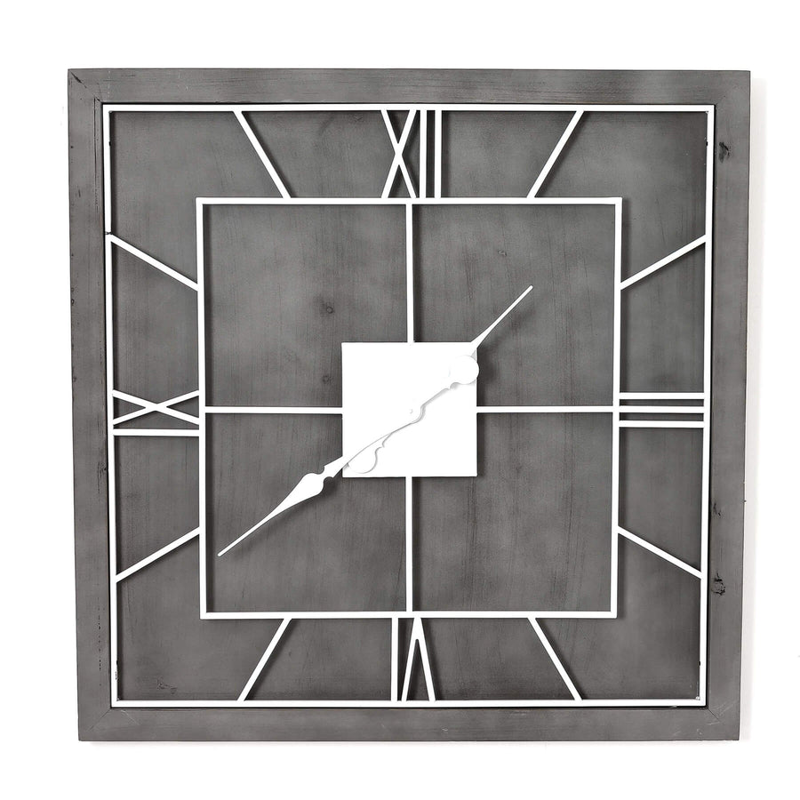 Williston Grey Square Wall Clock with Roman numerals on grey wood frame, modern home decor statement piece by Hill Interiors at brixbailey.com