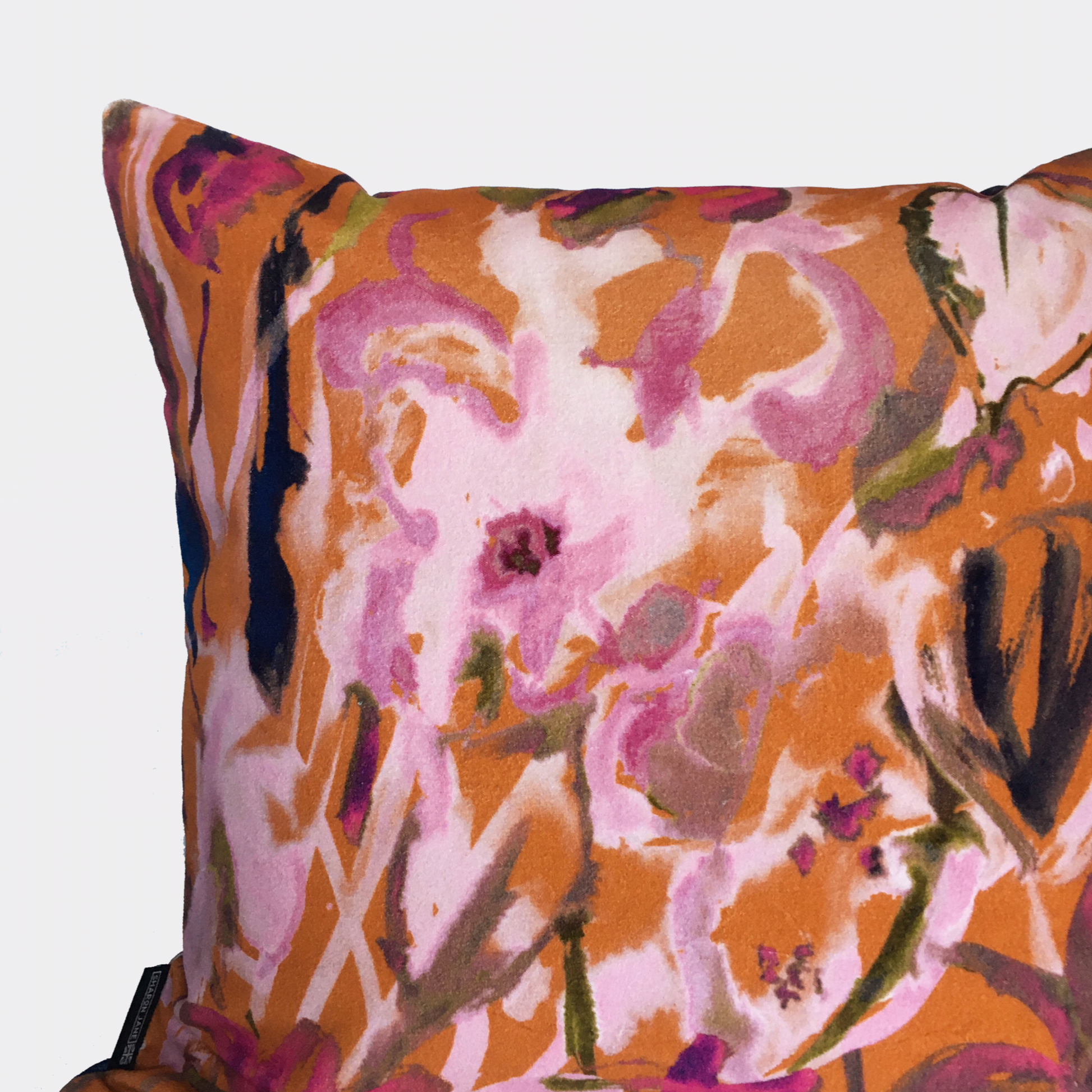 Watercolour Floral Velvet Cushion - Burnt Orange
