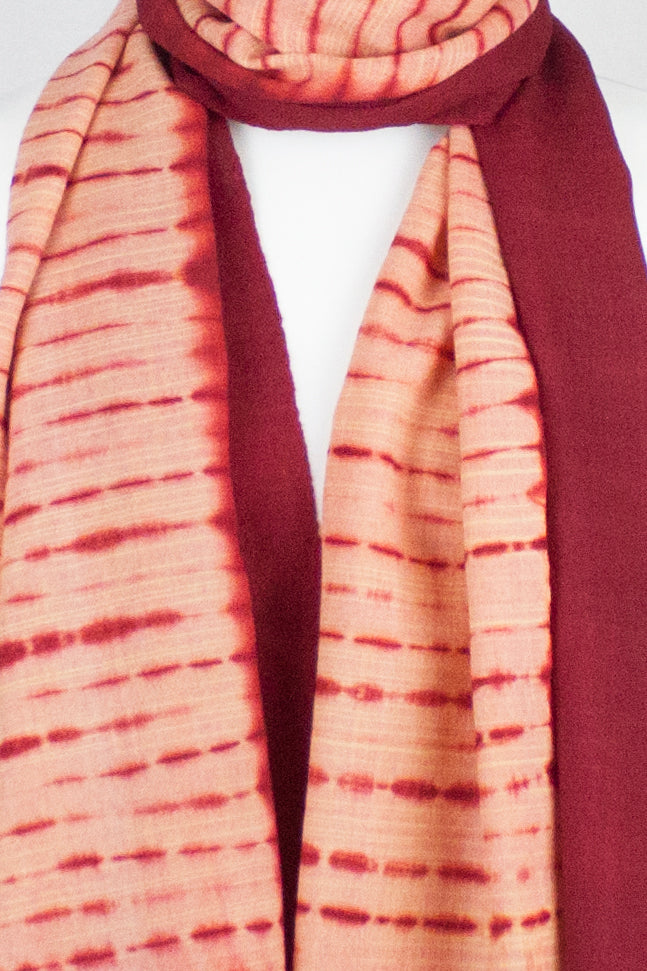 Shibori Dyed Handwoven Wool Scarf - Peach Red