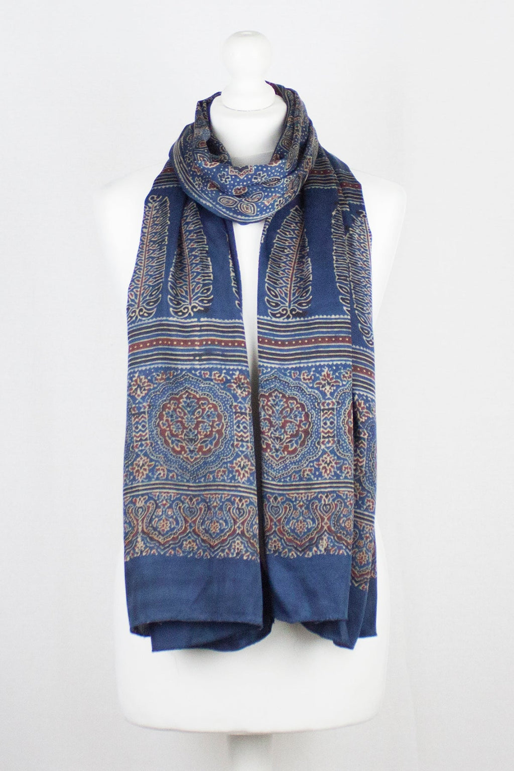 Traditional Geometric & Paisley Ajrakh Block Print Scarf - Blue Red